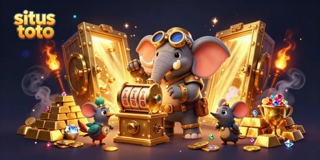 Engage with situs toto’s vibrant casino scene featuring a steampunk elephant slot engineer and treasures.