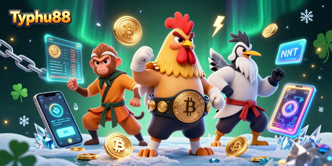 Experience Typhu88's vibrant casino ambiance with a dynamic illustration of competing 3D characters in a rich scene.