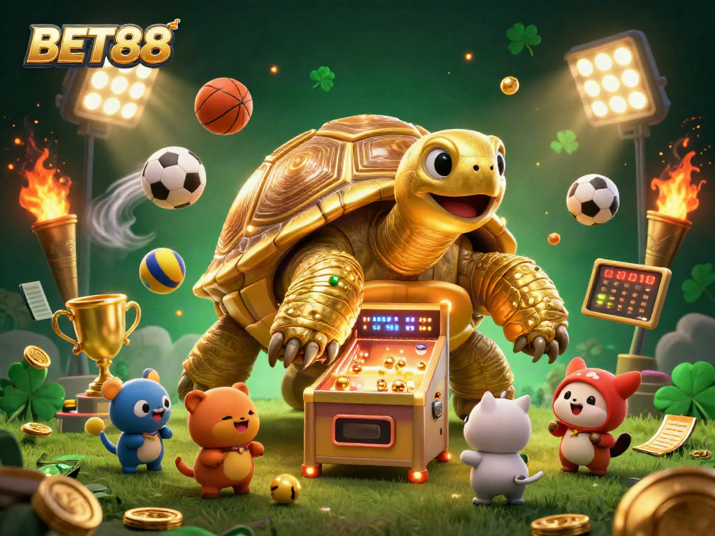 Experience the excitement of BET88 with a colossal tortoise pinball machine and sports betting elements!