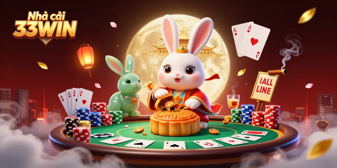Engage with the thrilling world of Nhà cái 33WIN as a 3D cartoon moon rabbit reveals poker chips from golden mooncakes.