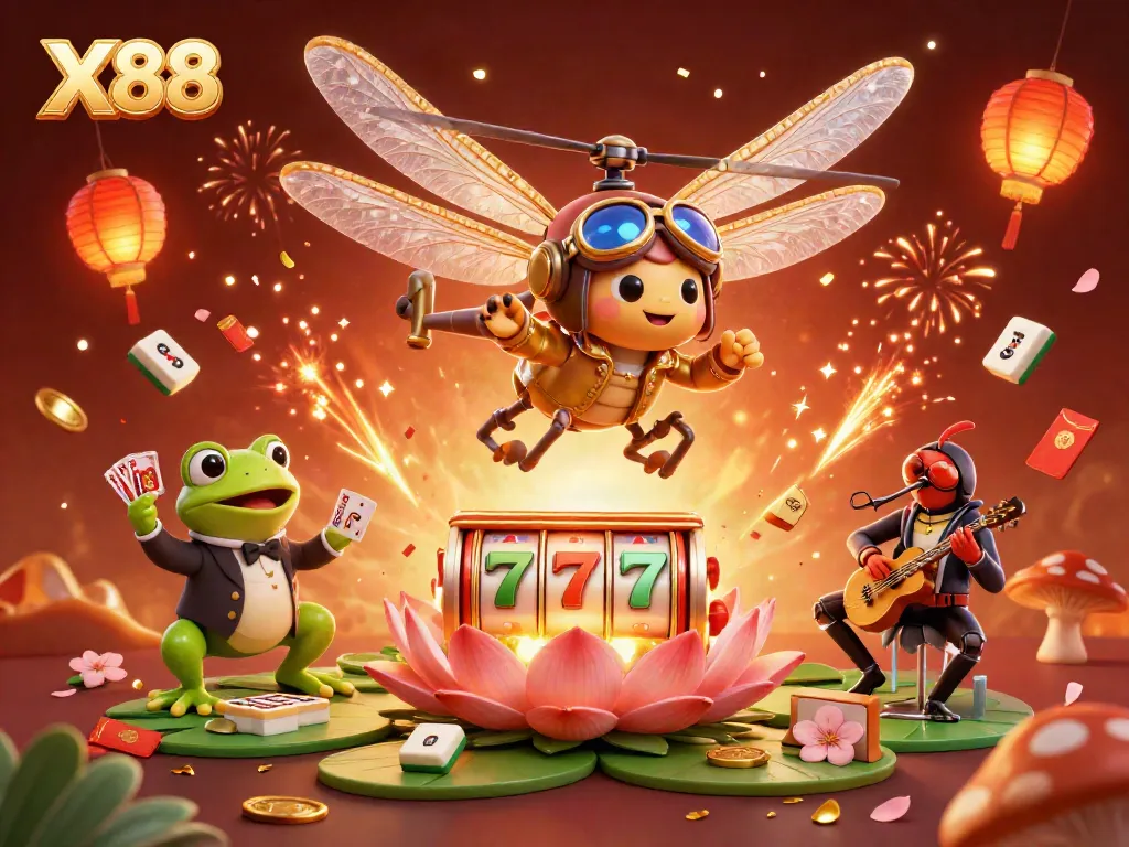 Experience the excitement of X88 with a lively casino scene featuring vivid characters and dynamic game elements.