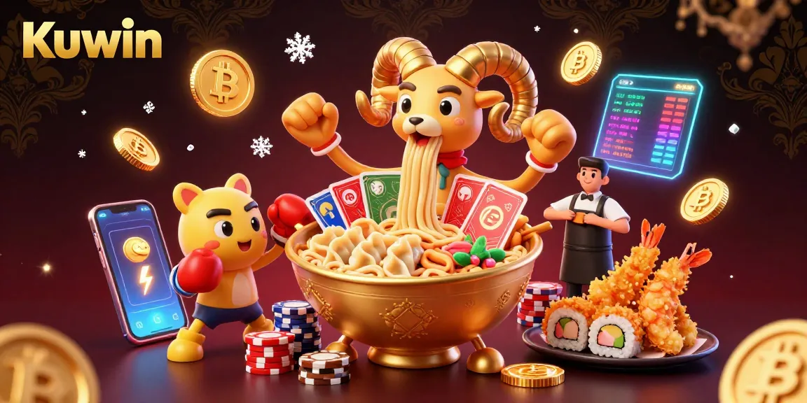 Kuwin offers thrilling casino action with a vibrant illustration of a golden ramen bowl dealing cards surrounded by crypto coins.