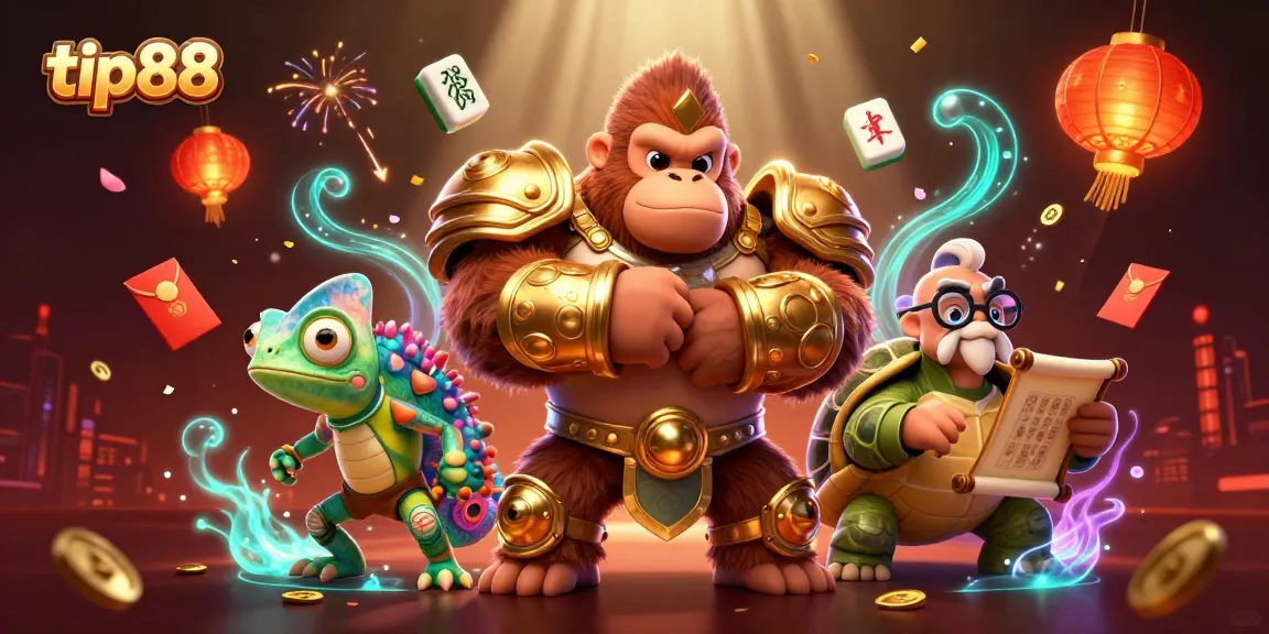 Engage with tip88's vibrant gaming world featuring a gorilla king, chameleon spy, and ancient scroll