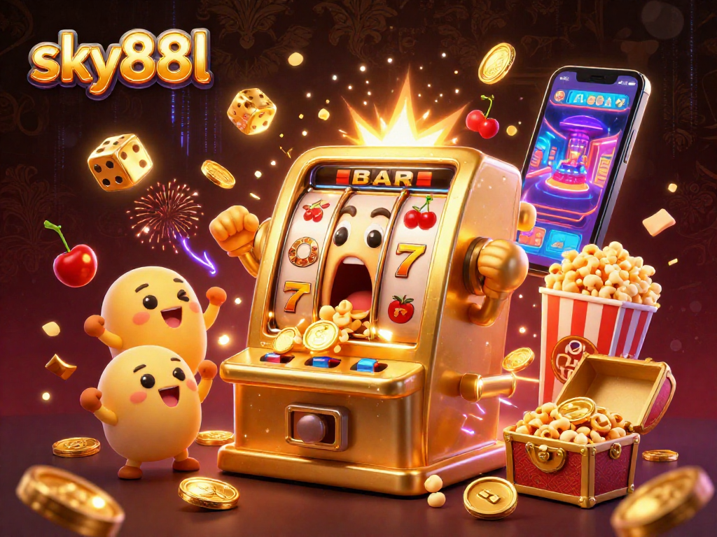 Exciting sky88l scene with a golden slot machine hitting its jackpot, coins pouring as smaller machines cheer.
