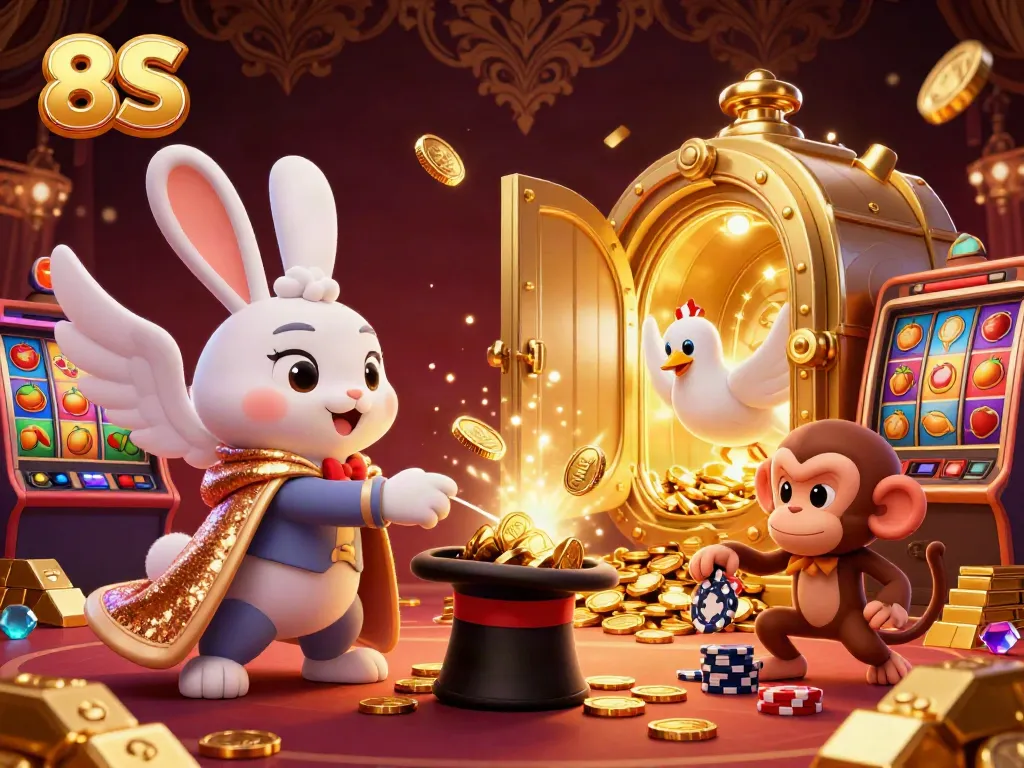 Engaging 3D scene showcasing 8S-themed casino action with a magician pulling coins, vibrant games, and luxury.