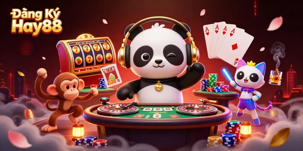 Engage with Đăng Ký Hay88 through an energetic casino scene featuring vibrant characters and exciting game elements.