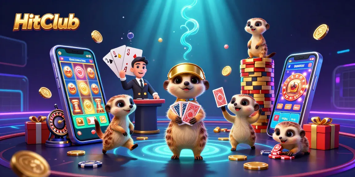 Experience the vibrant casino world of HitClub, where meerkats play amid swirling colors and dynamic gaming elements.
