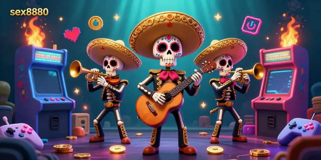 Engage in thrilling gameplay at sex8880 featuring a vibrant skeleton mariachi band in a rich casino atmosphere.
