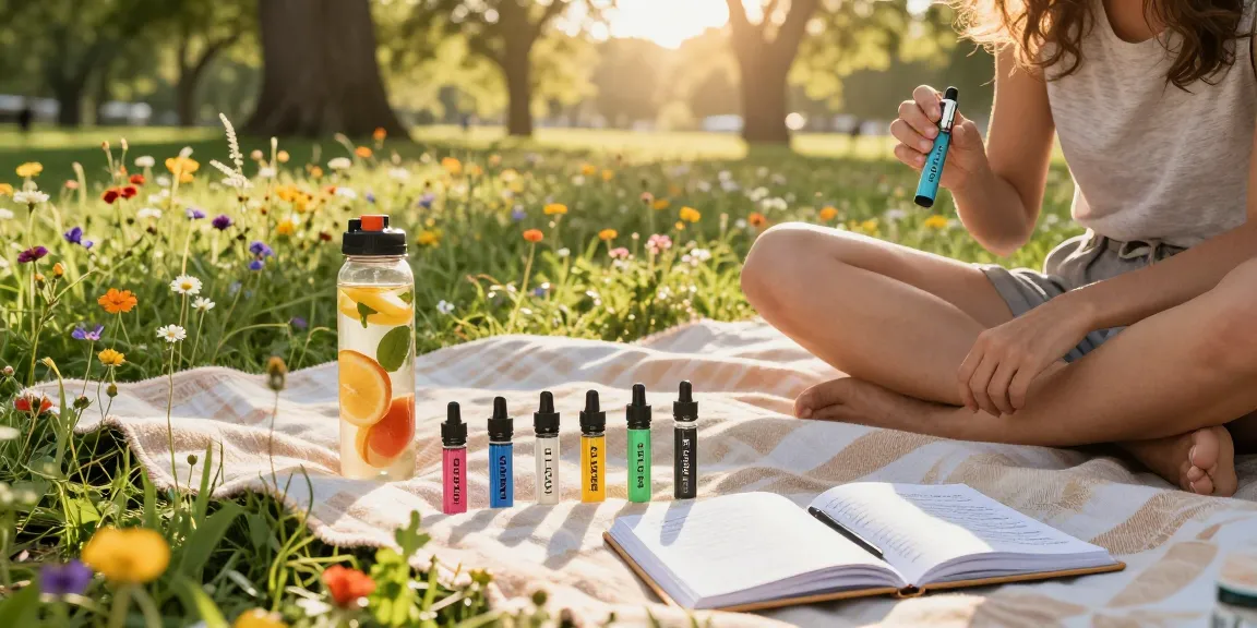 THC vapes UK featured in outdoor wellness setting with fruit water and hemp products for natural relief.