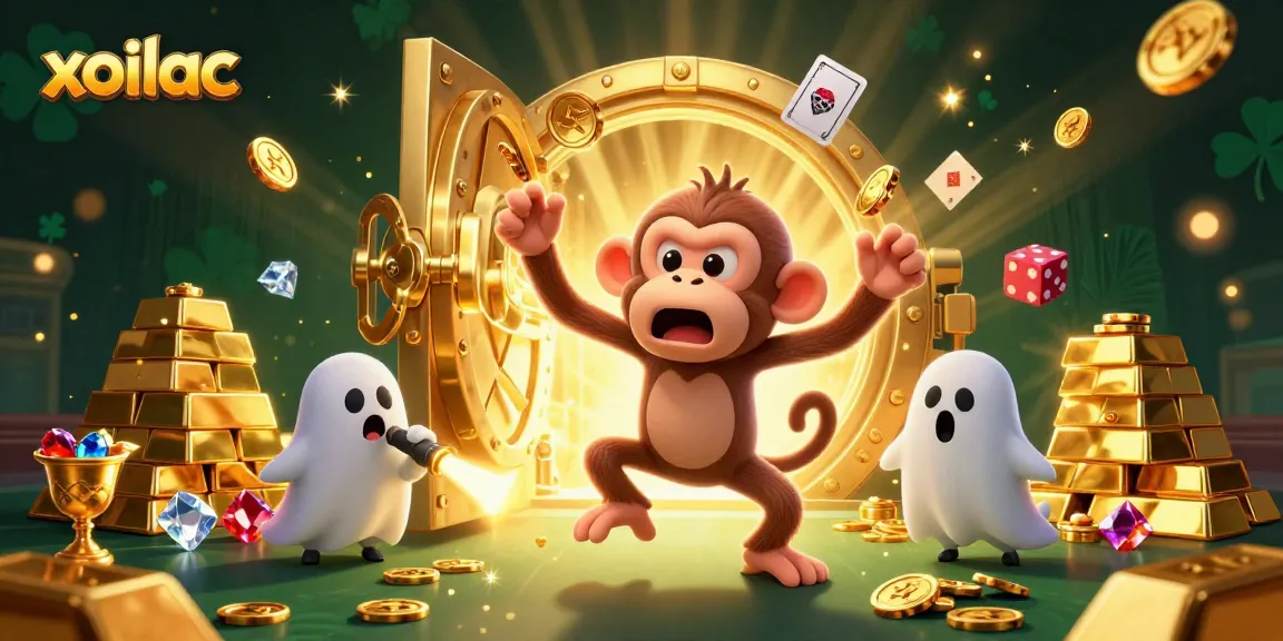 Experience the excitement of betting at xoilac with a mischievous monkey and ghost-hunter puppy in a vibrant casino.