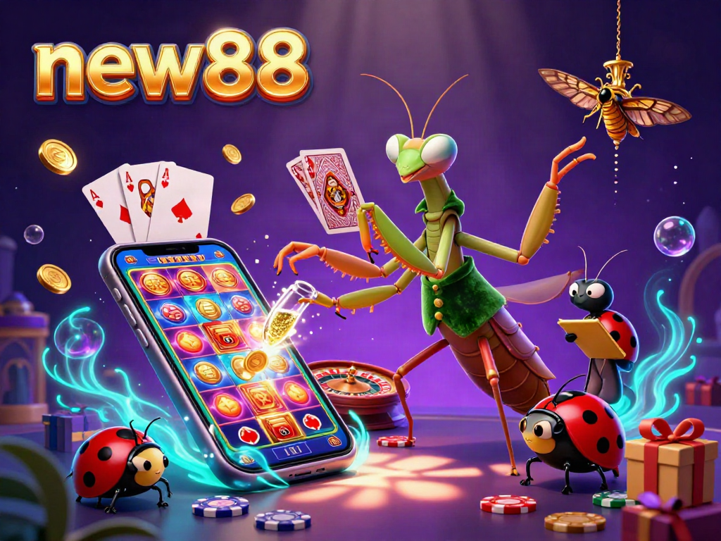 Experience the excitement of new88 with a vibrant 3D casino illustration showcasing dynamic card dealing and slot games.