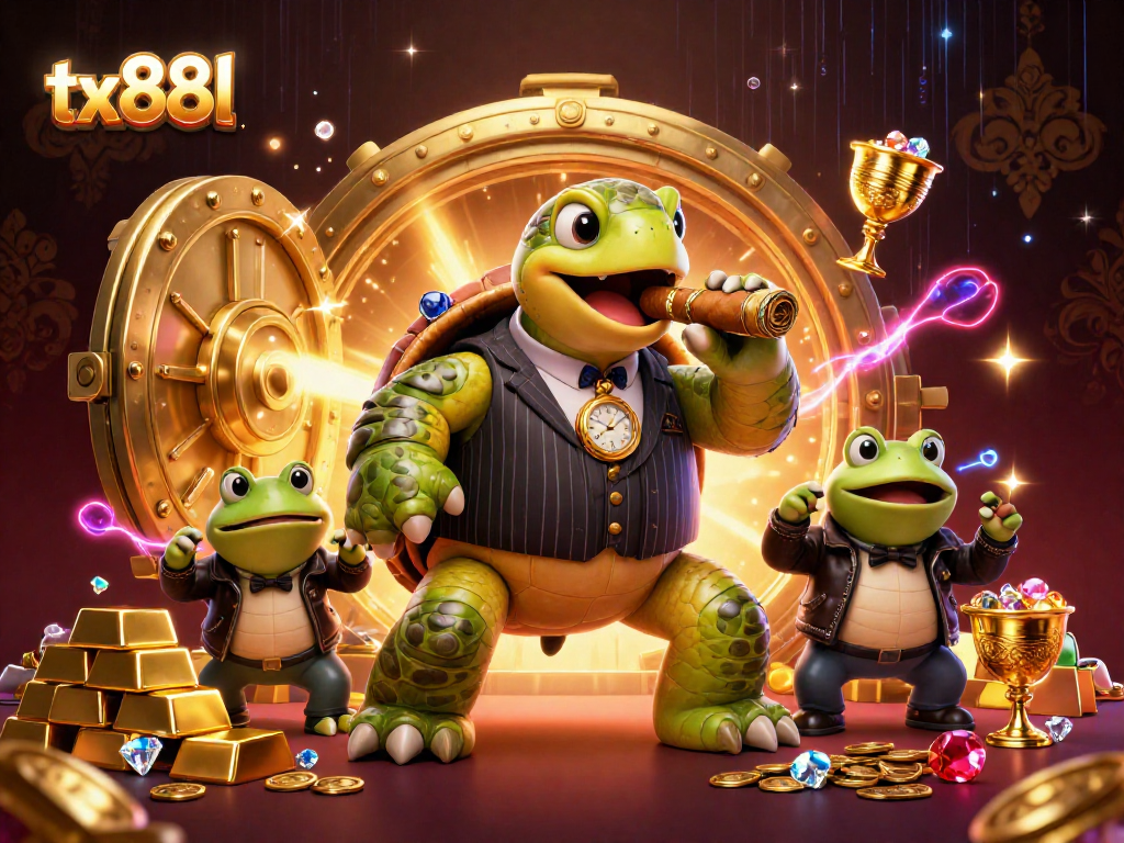 Engage with tx88l's energetic casino scene featuring a turtle mobster and bullfrog enforcers.