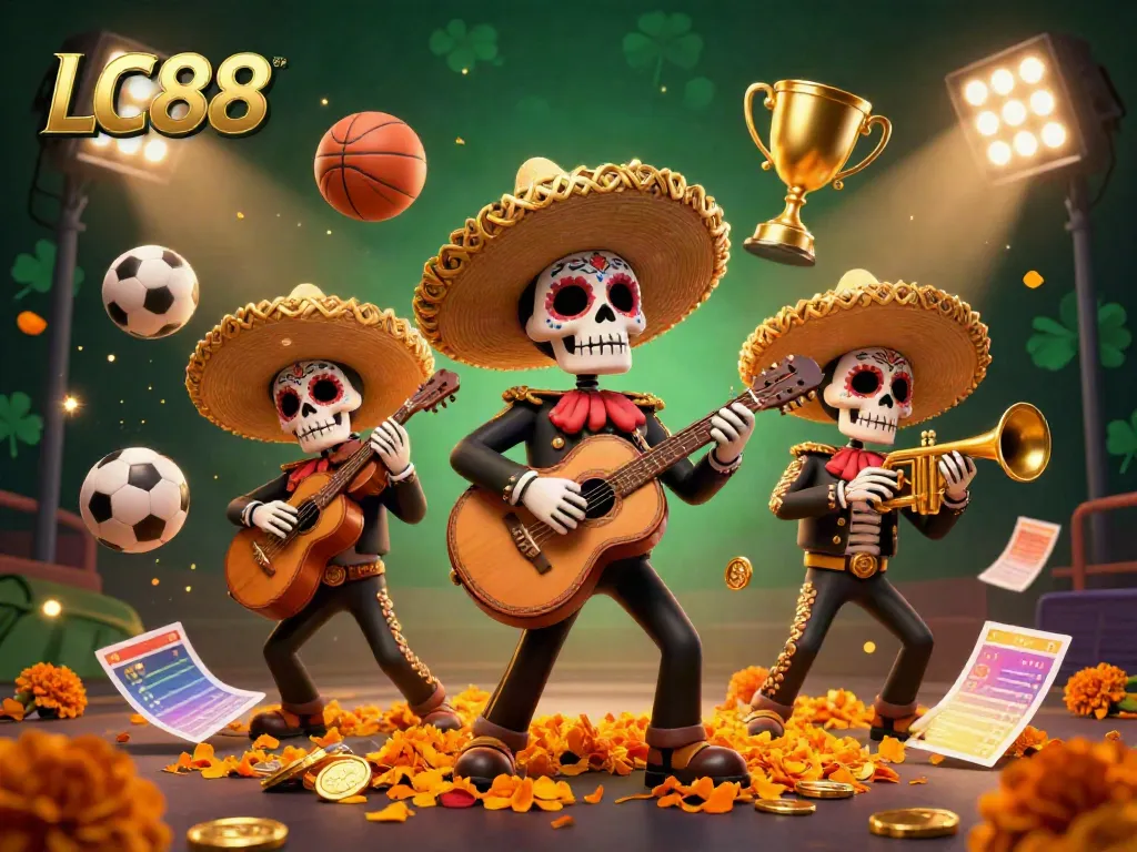 Experience the excitement of LC88 through a vibrant mariachi-themed gambling scene with sports elements.