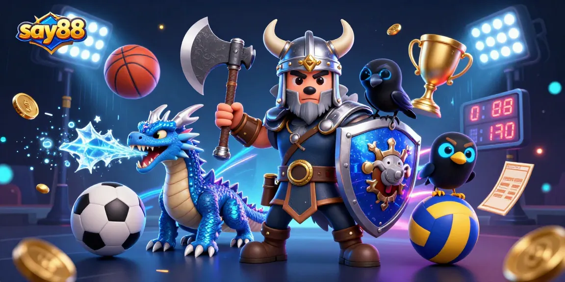 Experience thrilling action with say88 as the Viking wolf warrior battles alongside a fierce dragon in a vibrant casino scene.