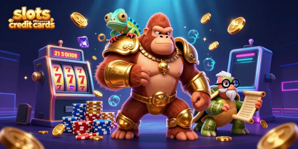 Explore slots that accept credit cards with dynamic characters and engaging casino elements in a 3D illustration.
