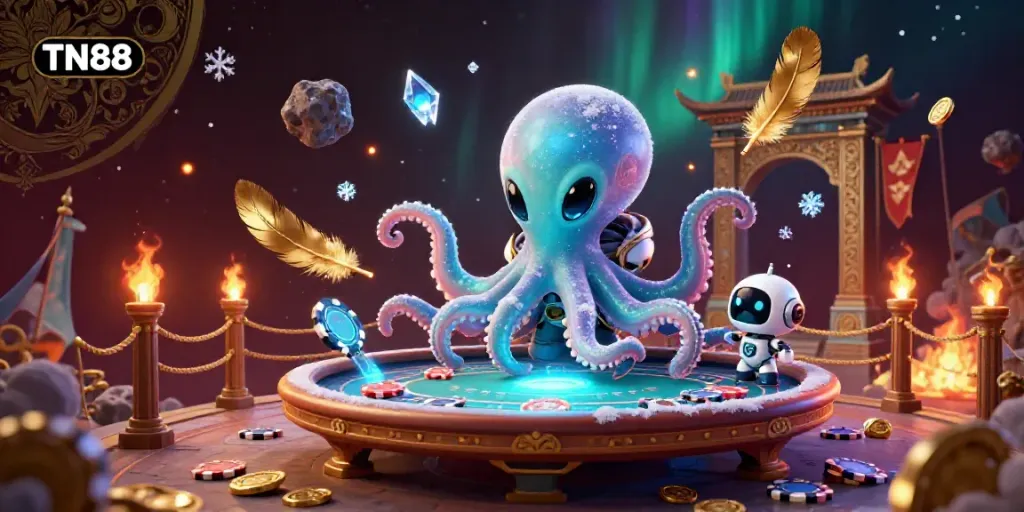 Stake your claim at TN88 with a vibrant 3D illustration showcasing an alien octopus dealing cards at a floating poker table.