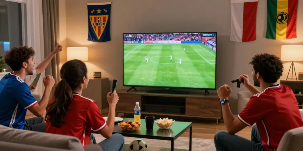 Socolive sports streaming with fans cheering in a cozy living room during a live soccer match.