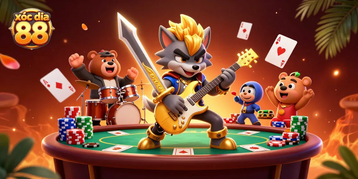 Xóc đĩa 88 gaming scene featuring a rock star wolf and bear drummer amidst vibrant casino elements.