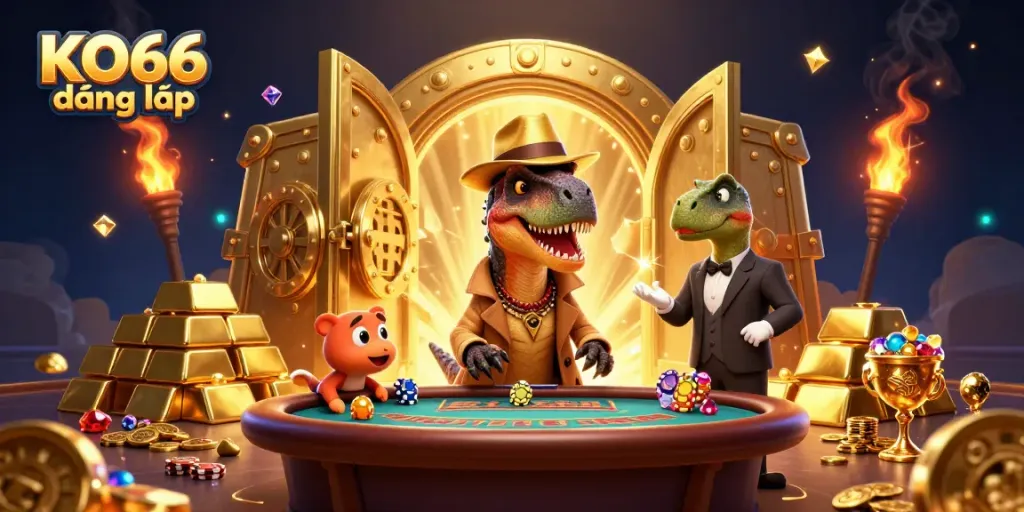 Experience KO66 đăng nhập with vibrant characters at a blackjack table, rich in casino elements and vibrant treasures.