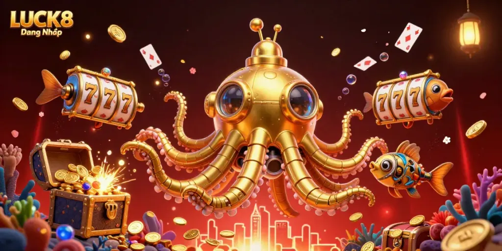 Experience LUCK8 Đăng Nhập with immersive 3D casino action featuring golden kraken and slot elements.