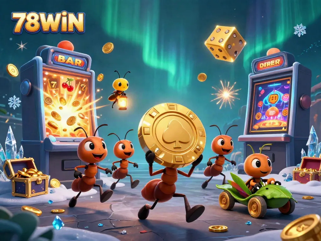 Engaging illustration showcasing 78WIN with ants carrying a huge poker chip, celebrating casino excitement.