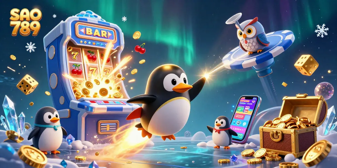 Experience the thrill of games with the animated sao 789 penguin in a vibrant casino space.