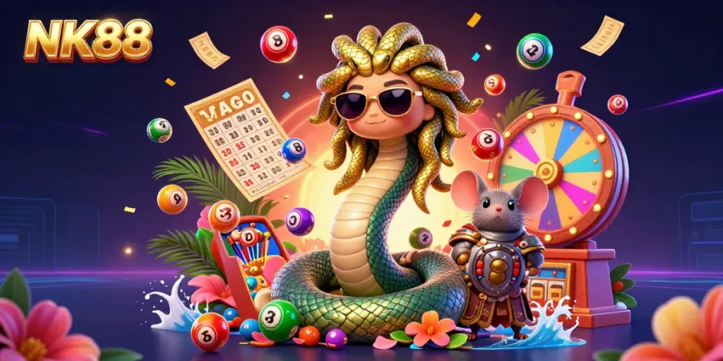 Experience the thrill of NK88 with lively lottery games and engaging visuals in a vibrant casino scene.