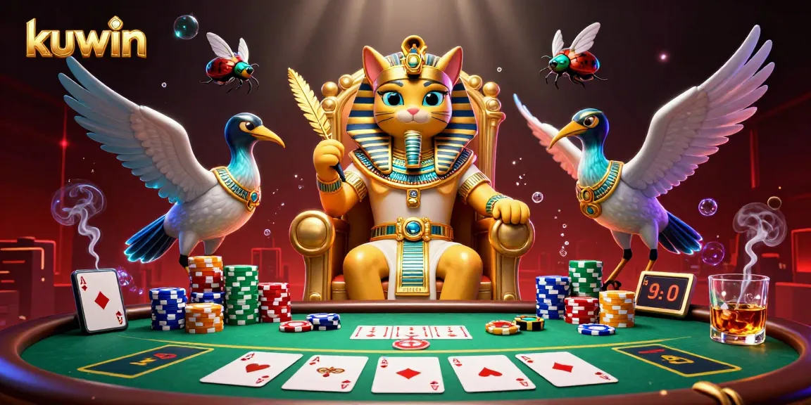 kuwin transforms gaming with a vibrant scene showcasing a pharaoh cat and poker elements for bettors