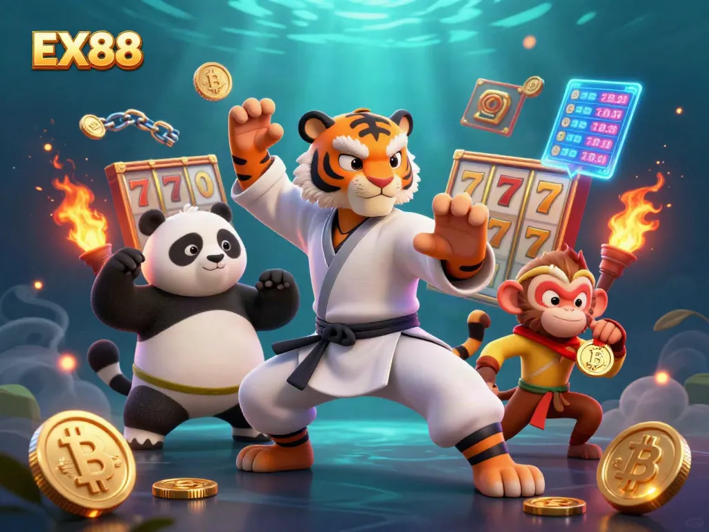 Experience the excitement of EX88 casino gaming with vibrant characters and neon gambling elements.