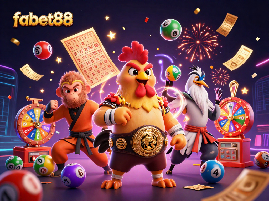 Engage in thrilling games at fabet88 with colorful lottery balls, prize wheels, and celebrating characters.