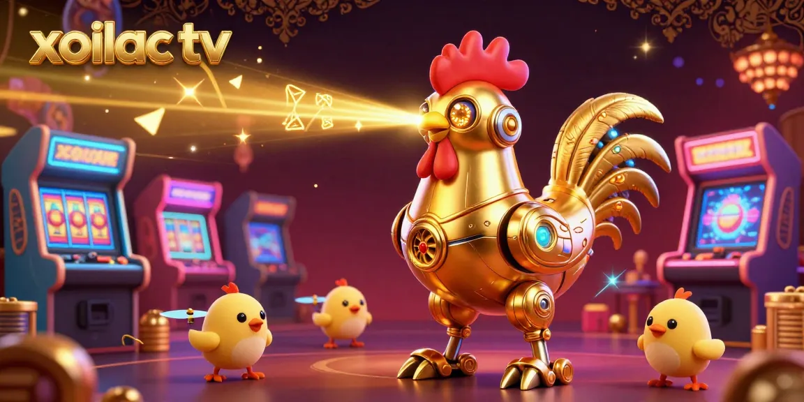 Xoilac TV presents a vivid 3D illustration showcasing a golden rooster robot amidst dynamic gambling elements, perfect for engaging viewers.