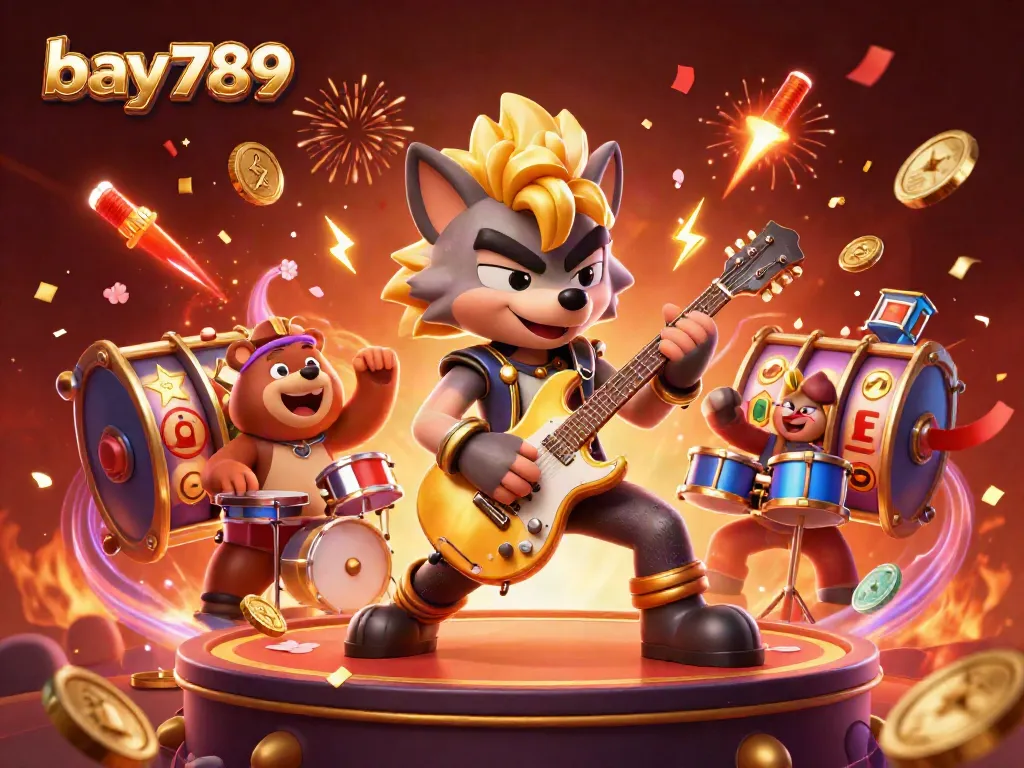 Experience the excitement of bay789 with an electric performance by a cartoon wolf and bear on a vivid casino stage.