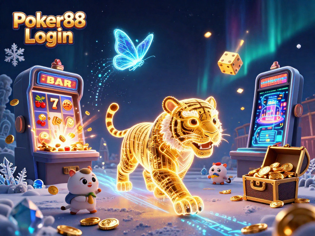 Engage with Poker88 Login as the golden tiger navigates a vibrant digital casino landscape.