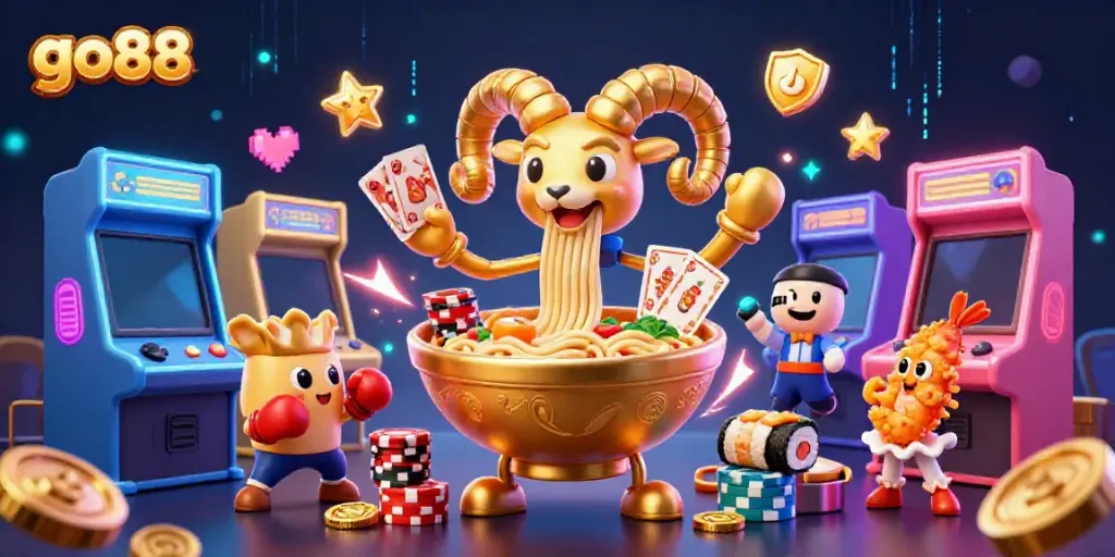 Go88 showcases vibrant 3D casino characters and colorful gaming elements creating an exciting atmosphere.