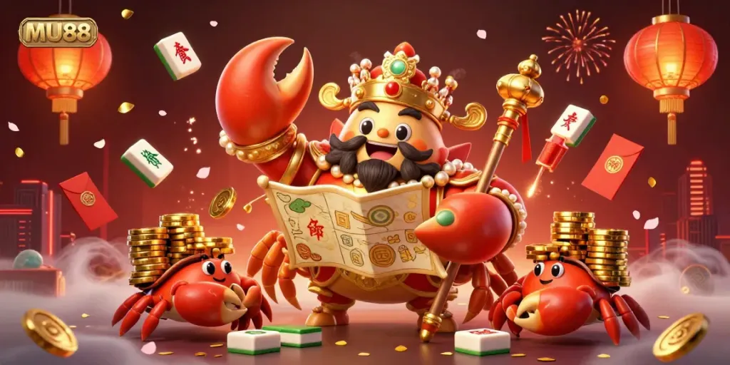 Engage with MU88's vibrant casino scene featuring a golden crab emperor amidst treasures and festive gambling elements.