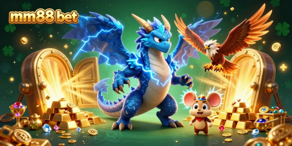 Experience thrilling wins with mm88 bet in a vibrant casino scene with treasure and dynamic characters.