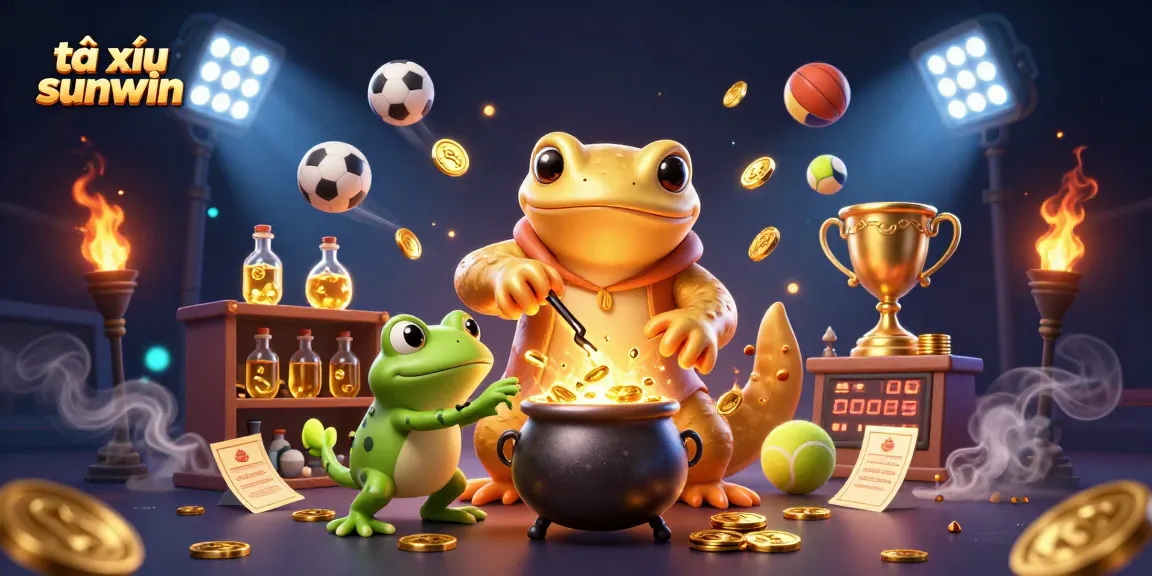 Engage with tài xỉu sunwin in this vibrant 3D illustration showcasing unique gaming elements and characters.