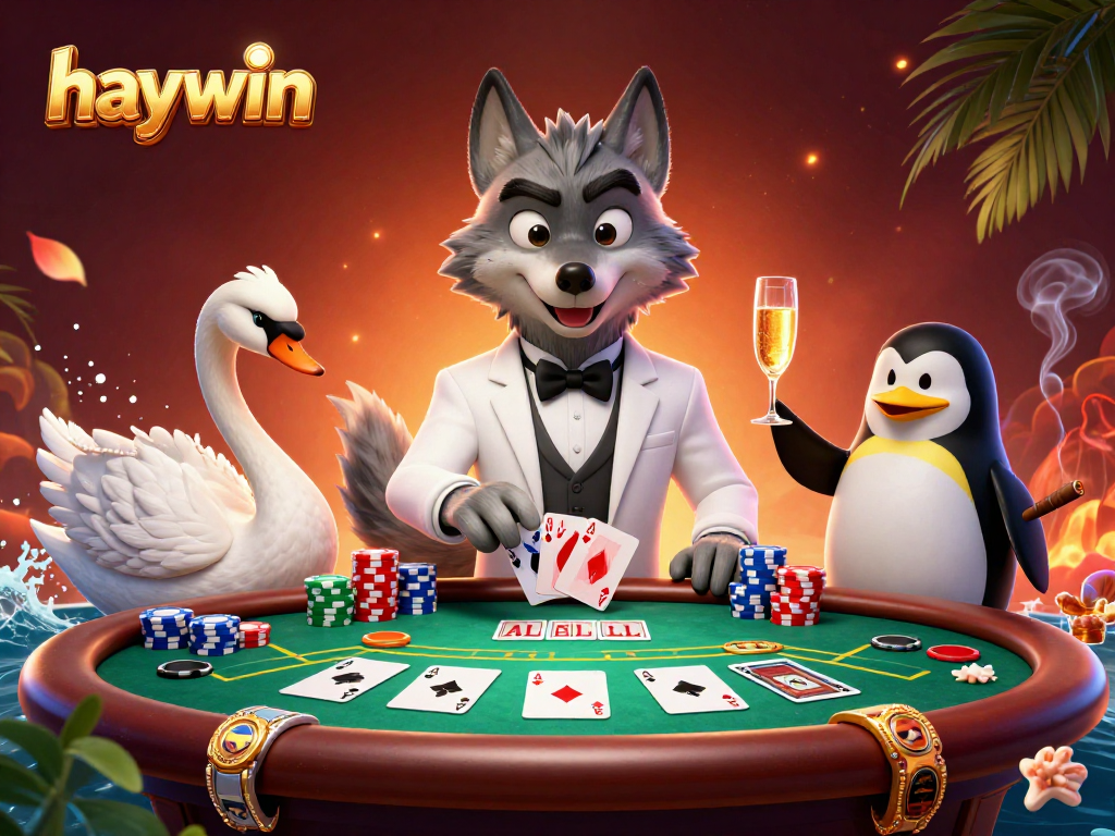 Experience thrilling casino action with haywin’s illustration featuring a wolf, swan, and penguin at the baccarat table.