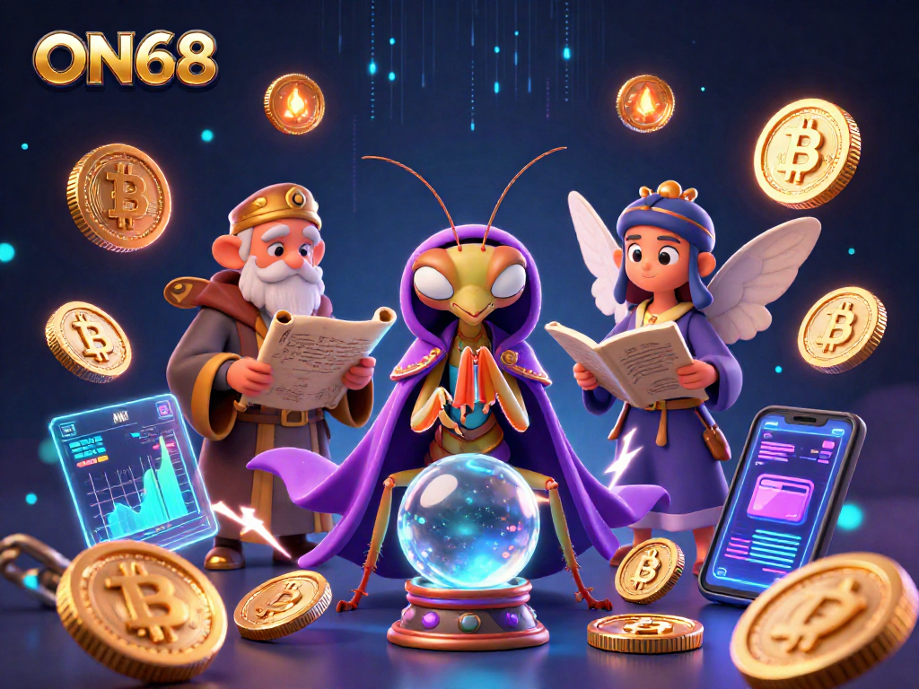 Experience the thrill of ON68 with vibrant casino-themed characters and crypto elements.
