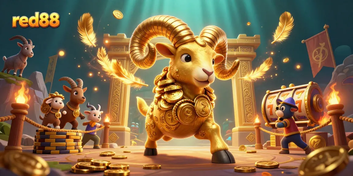 Engage with vibrant red88 casino action featuring a golden ram charging through a dynamic gambling arena.