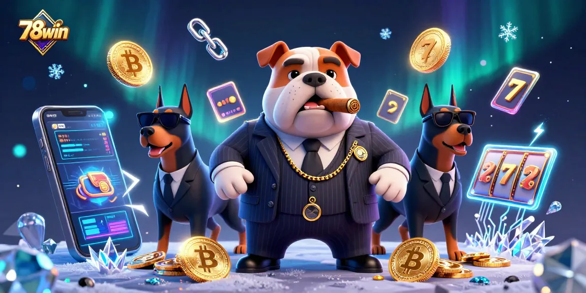 Engage in thrilling gaming with 78win, featuring a mafia bulldog and casino elements in a high-stakes scene.