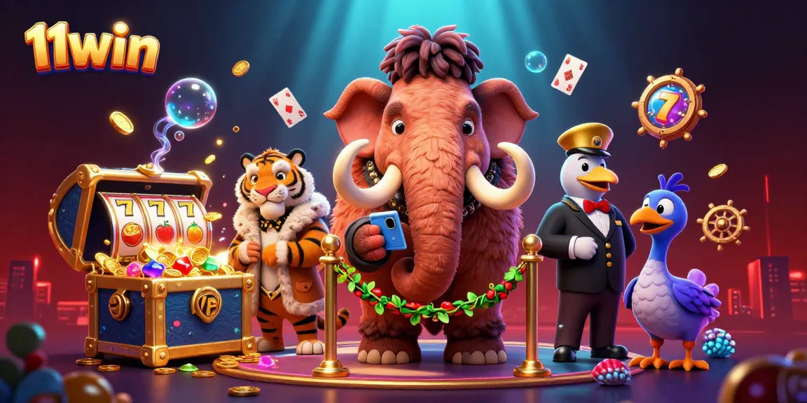 Experience the excitement at 11win with vibrant casino-themed characters and elements in a dazzling 3D scene.