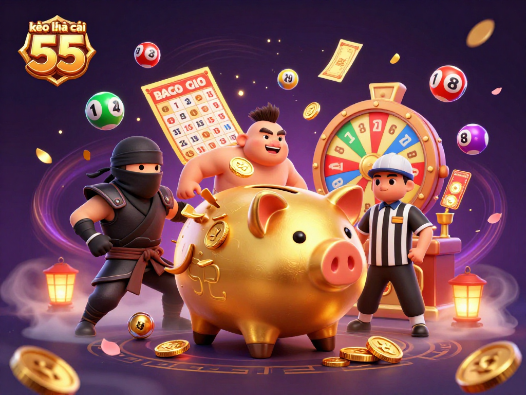 Engaging kèo nhà cái 55 scene with golden piggy bank sumo wrestler, colorful games, and dynamic winning elements.