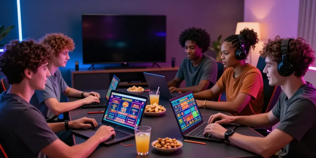 Group enjoying non GamStop casino games at home with vibrant atmosphere