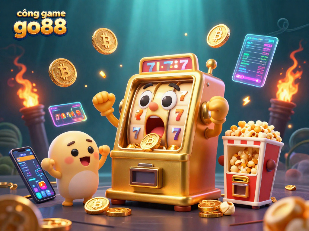 Experience thrilling wins at cổng game go88 with 3D golden slot machine celebrating its jackpot, surrounded by vibrant game elements.