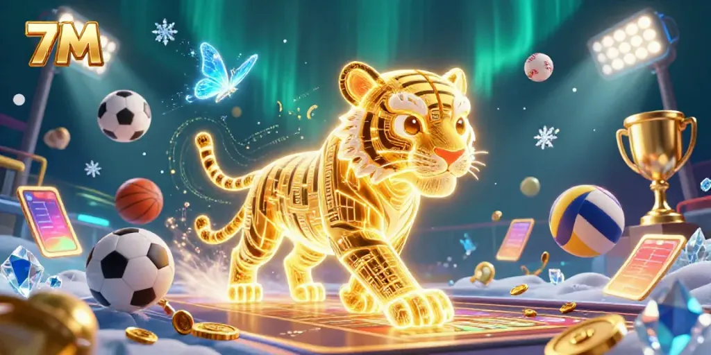 Engage with 7M's thrilling dynamic casino experience featuring vibrant sports elements and an energetic tiger.