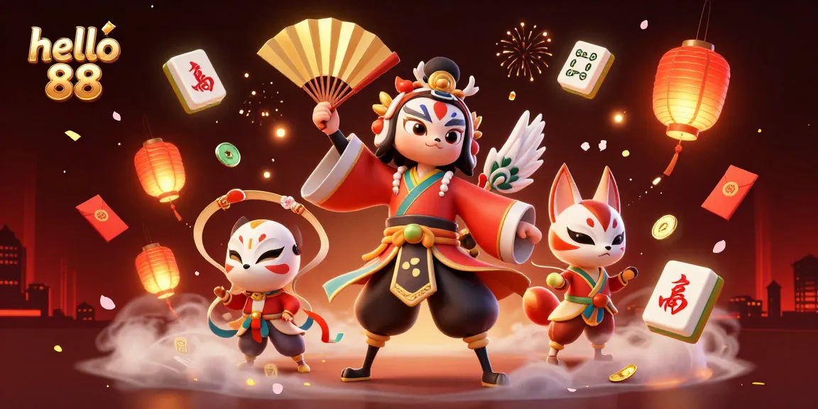 Engage in thrilling gameplay at hello 88 with a lively 3D illustration showcasing kabuki warriors and festive elements.