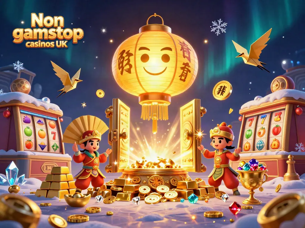Explore vibrant visual of Non gamstop casinos UK with golden treasures and animated spirits.