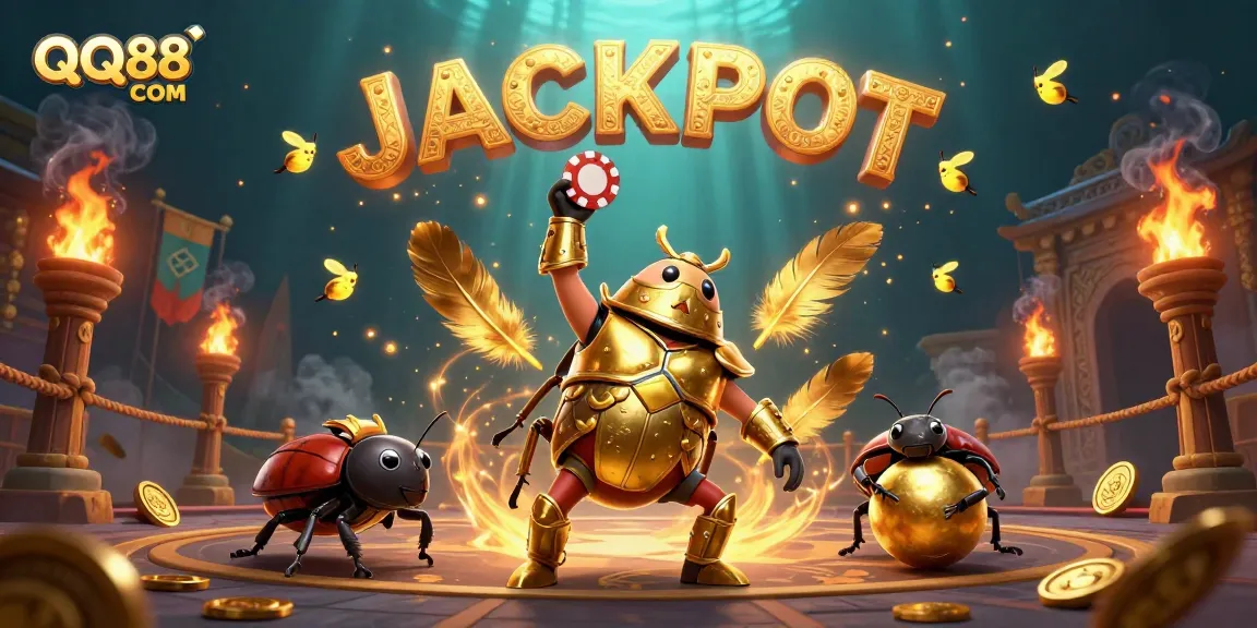 Experience thrilling gameplay at QQ88 COM with a victorious beetle champion, dynamic casino elements!