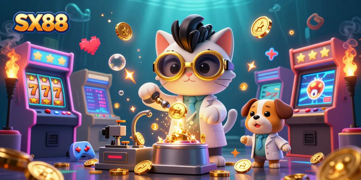 SX88's dynamic casino scene showcases a scientist cat and assistant dog creating gold coins amidst slot machine elements.